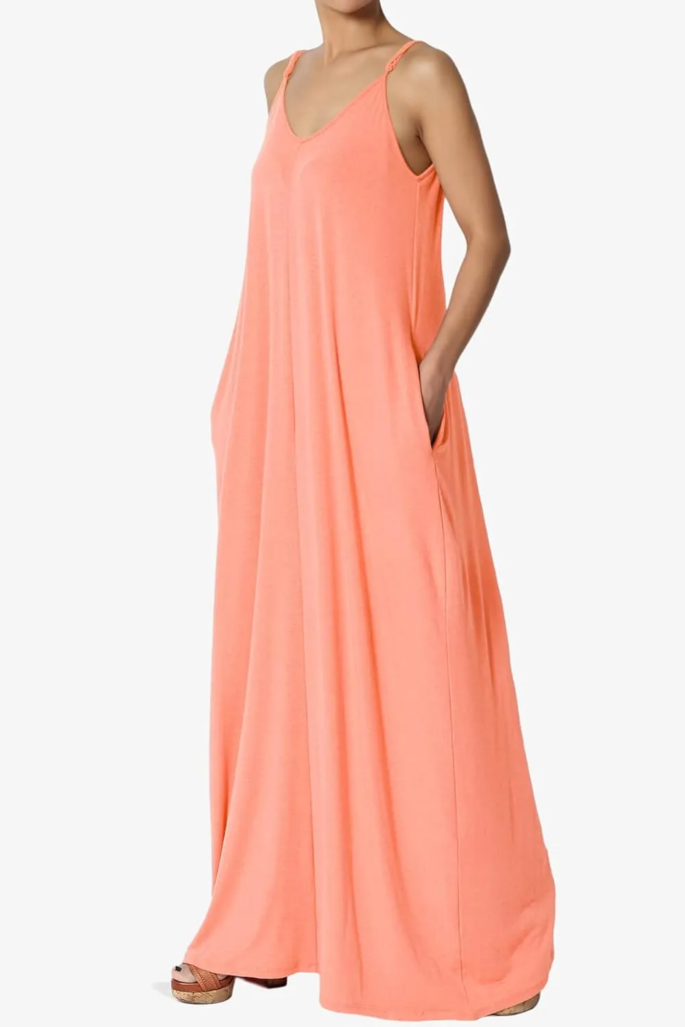 TheMogan Women's Casual V-Neck Draped Jersey Cami Long Maxi Dress W Pocket Summer Beach