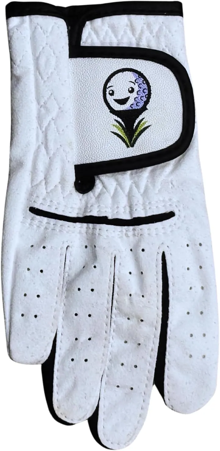 Toddler & Small Kids Golf Glove Ages 2-3, 4-5 & 6-7 Lefties and Righties XXS, XS and S, Superior Grip, Soft White with Smiling Golf Ball, Custest Glove for Children