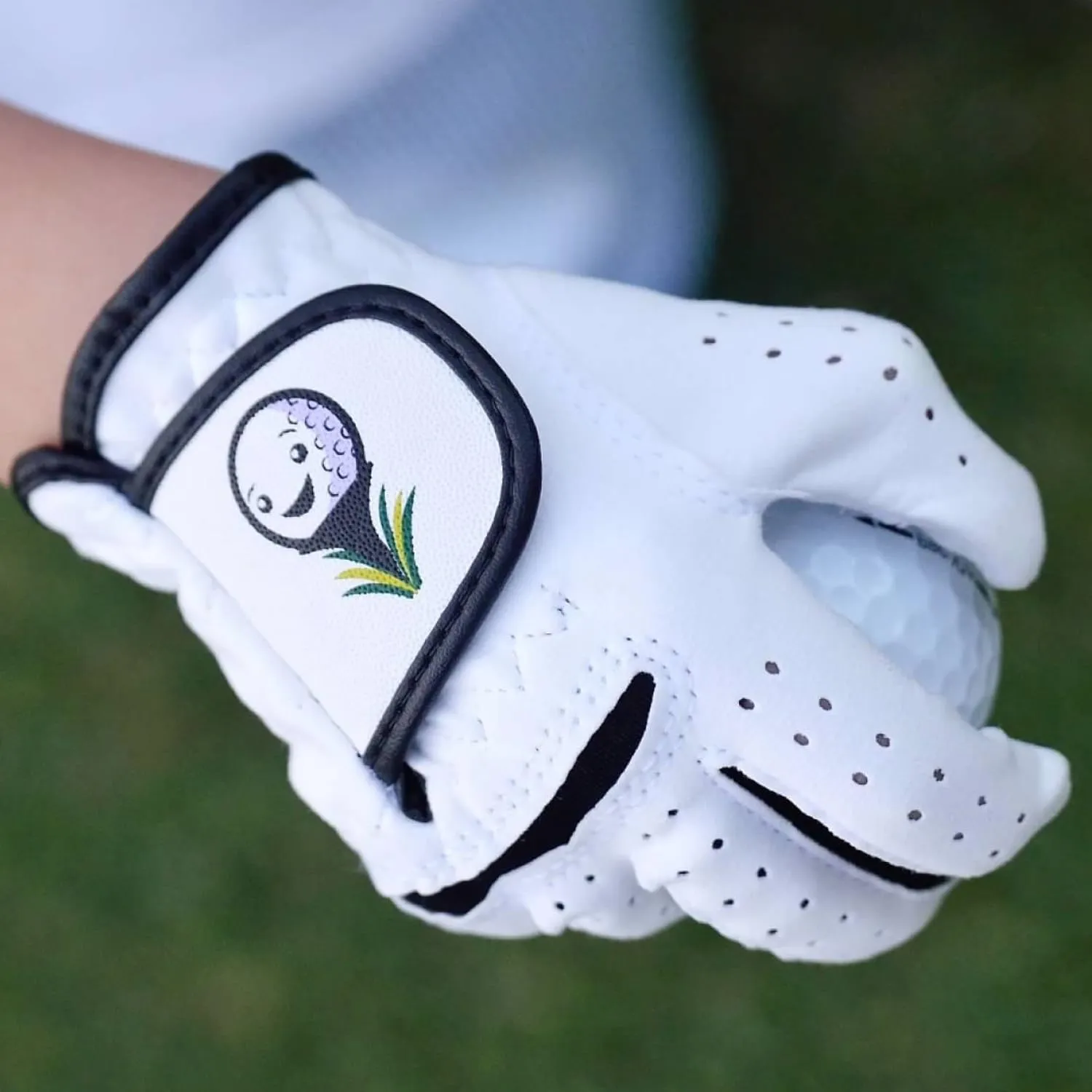Toddler & Small Kids Golf Glove Ages 2-3, 4-5 & 6-7 Lefties and Righties XXS, XS and S, Superior Grip, Soft White with Smiling Golf Ball, Custest Glove for Children