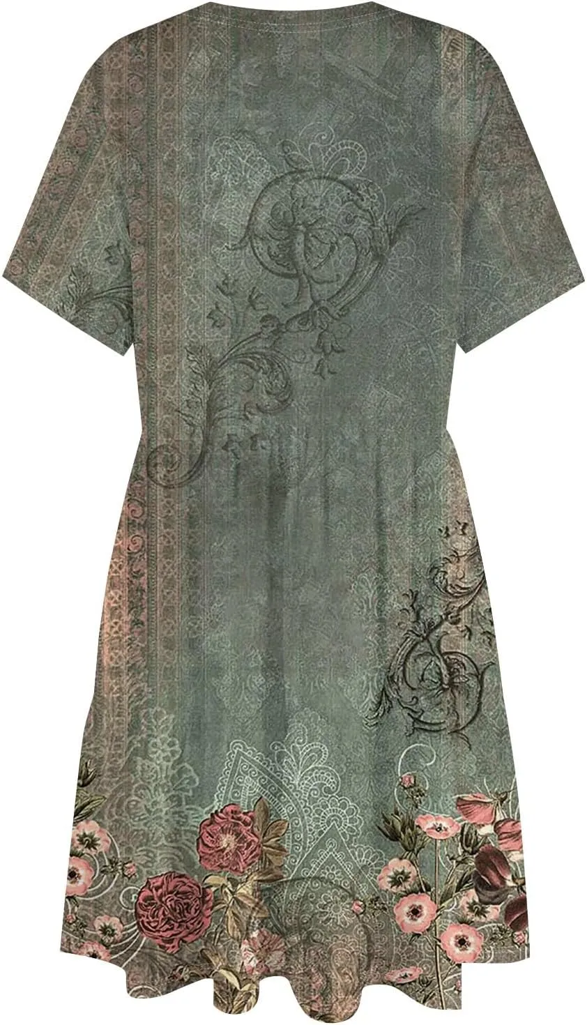 Trendy Short Sleeve Mini Dress Casual Smocked Flowy Sexy Cute Short Dress Elegant Floral Sunflower T Shirts Dress