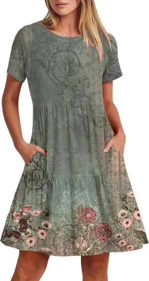 Trendy Short Sleeve Mini Dress Casual Smocked Flowy Sexy Cute Short Dress Elegant Floral Sunflower T Shirts Dress