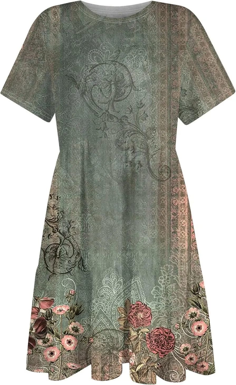 Trendy Short Sleeve Mini Dress Casual Smocked Flowy Sexy Cute Short Dress Elegant Floral Sunflower T Shirts Dress