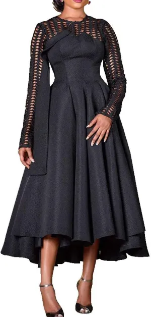 VERWIN Women's Black Long Sleeve Hollow Mid-Calf Maxi Dress - M, L, XL, XXL