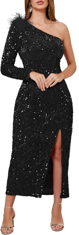 VERWIN Women's Sequins Dress One Shoulder Bodycon Oblique Collar Maxi Dress Sparkly Spilt Wrap Cocktail Dress