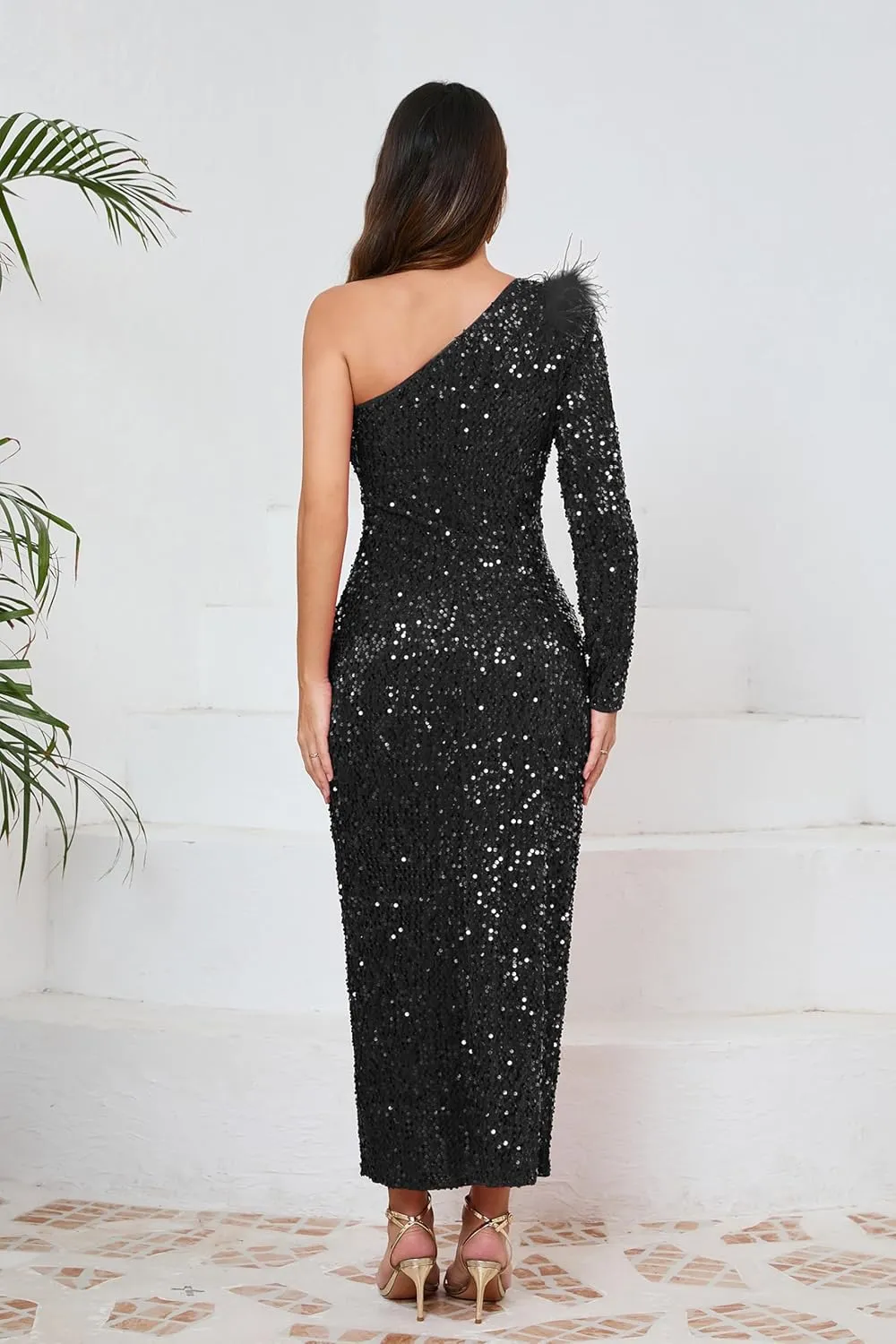 VERWIN Women's Sequins Dress One Shoulder Bodycon Oblique Collar Maxi Dress Sparkly Spilt Wrap Cocktail Dress