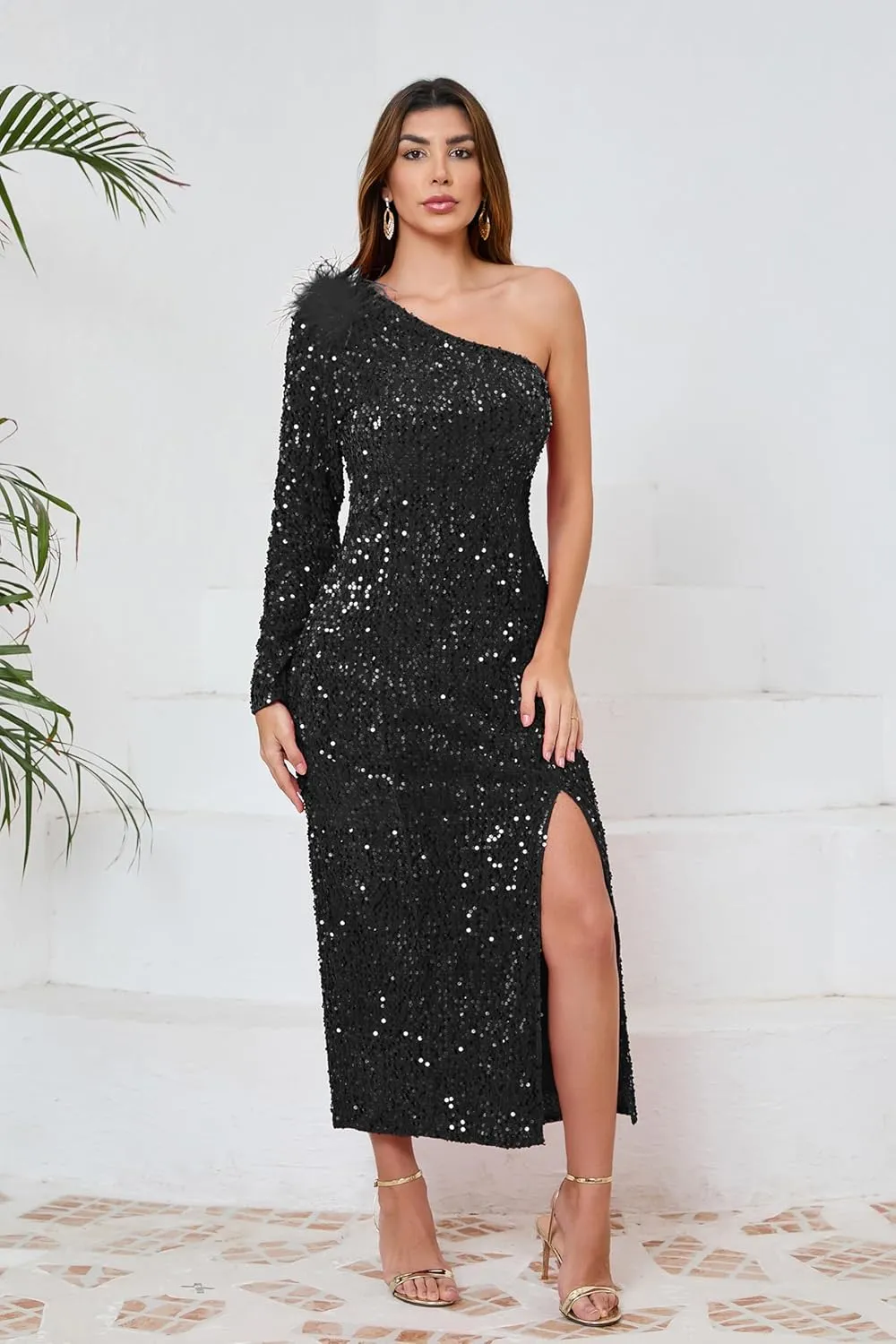 VERWIN Women's Sequins Dress One Shoulder Bodycon Oblique Collar Maxi Dress Sparkly Spilt Wrap Cocktail Dress