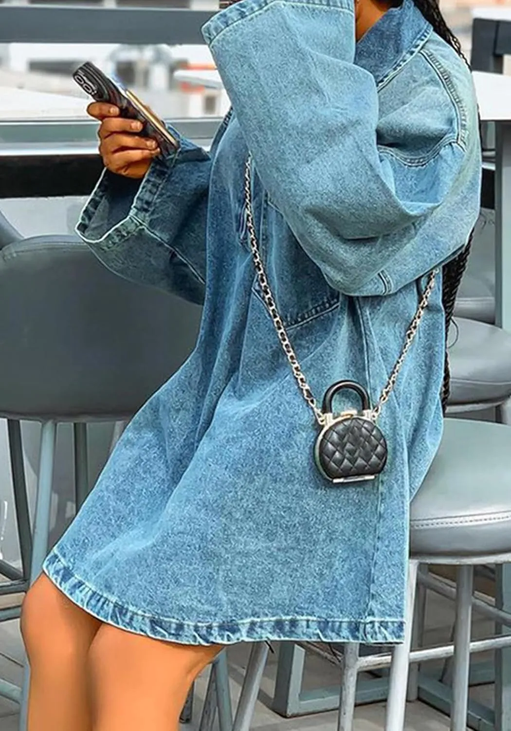 Voghtic Women Long Sleeve Denim Dress Casual Loose Zipper Lapel Shirt Jean Mini Dress with Pockets