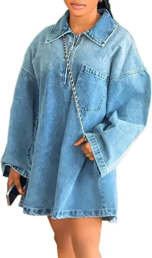 Voghtic Women Long Sleeve Denim Dress Casual Loose Zipper Lapel Shirt Jean Mini Dress with Pockets