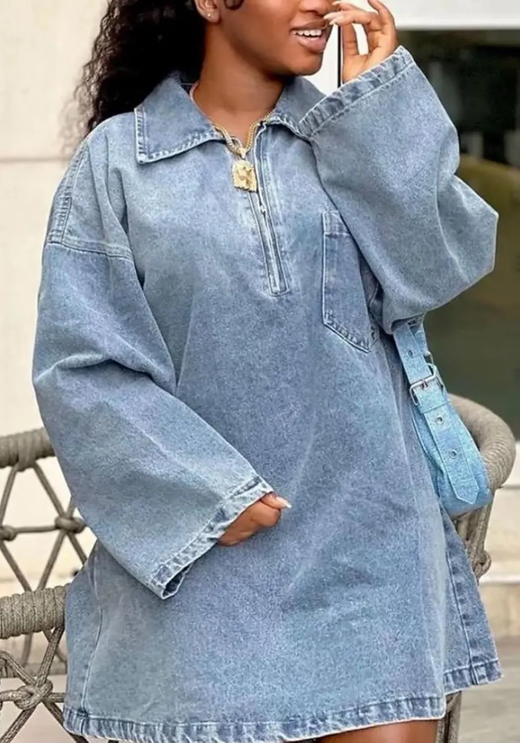 Voghtic Women Long Sleeve Denim Dress Casual Loose Zipper Lapel Shirt Jean Mini Dress with Pockets