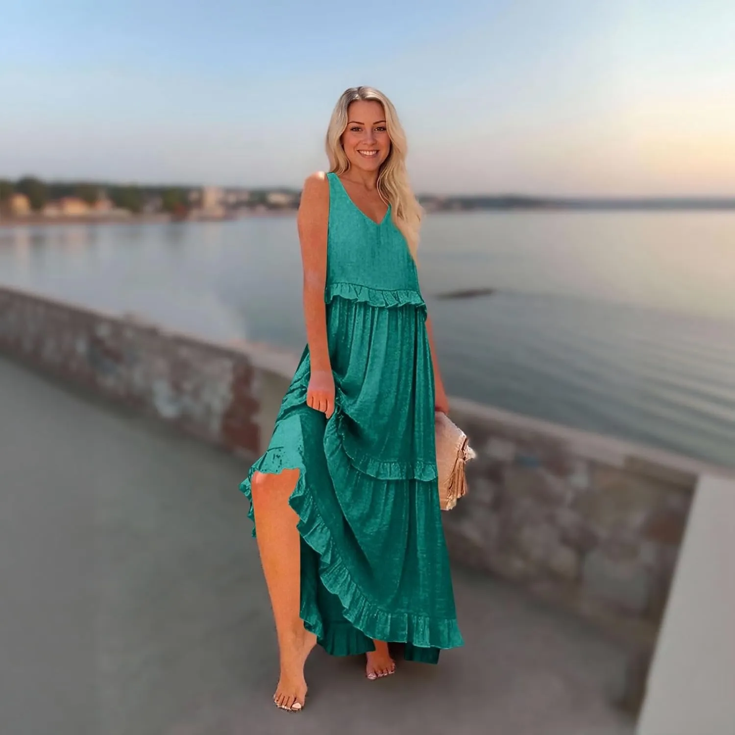 Wedding Guest Dresses for Women Summer V Neck Flowy Swing Maxi Dress Tiered Pleated Lined A Line Long Dress Pockets