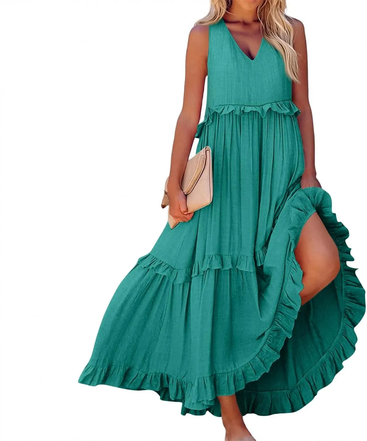 Wedding Guest Dresses for Women Summer V Neck Flowy Swing Maxi Dress Tiered Pleated Lined A Line Long Dress Pockets