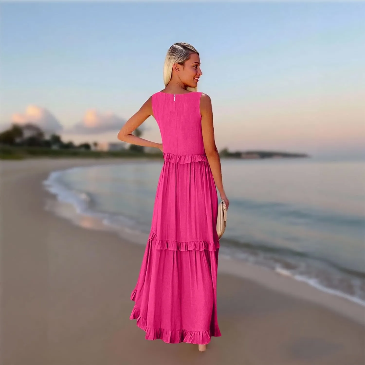 Wedding Guest Dresses for Women Summer V Neck Flowy Swing Maxi Dress Tiered Pleated Lined A Line Long Dress Pockets