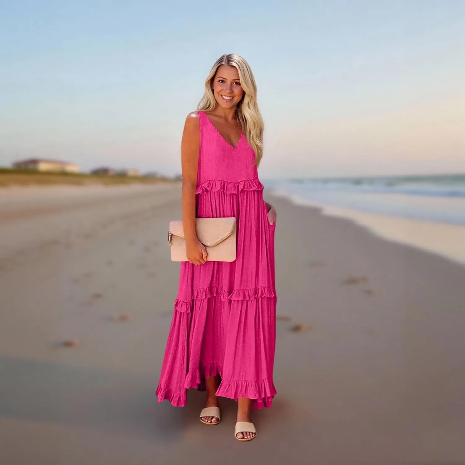 Wedding Guest Dresses for Women Summer V Neck Flowy Swing Maxi Dress Tiered Pleated Lined A Line Long Dress Pockets