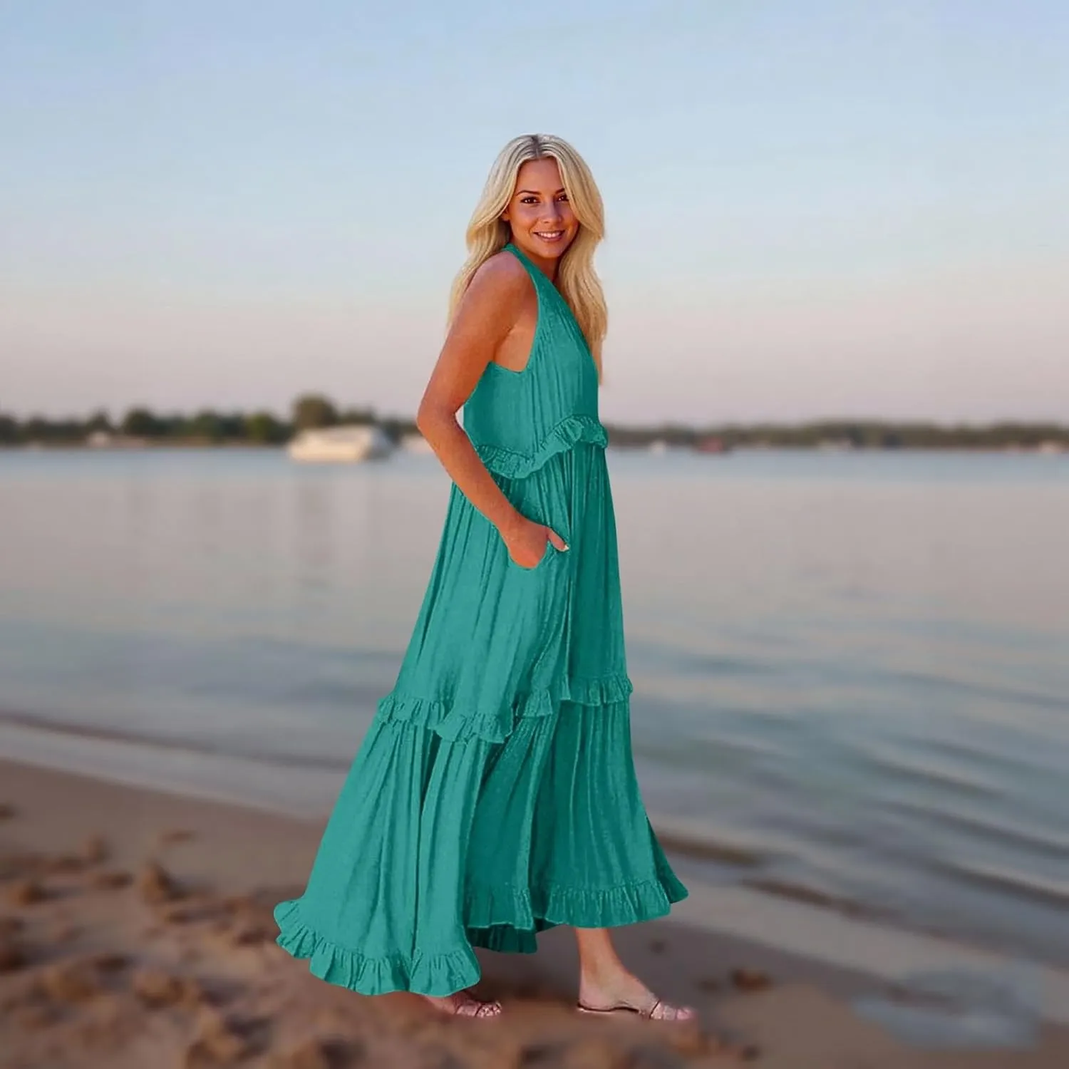 Wedding Guest Dresses for Women Summer V Neck Flowy Swing Maxi Dress Tiered Pleated Lined A Line Long Dress Pockets