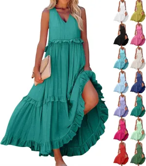 Wedding Guest Dresses for Women Summer V Neck Flowy Swing Maxi Dress Tiered Pleated Lined A Line Long Dress Pockets
