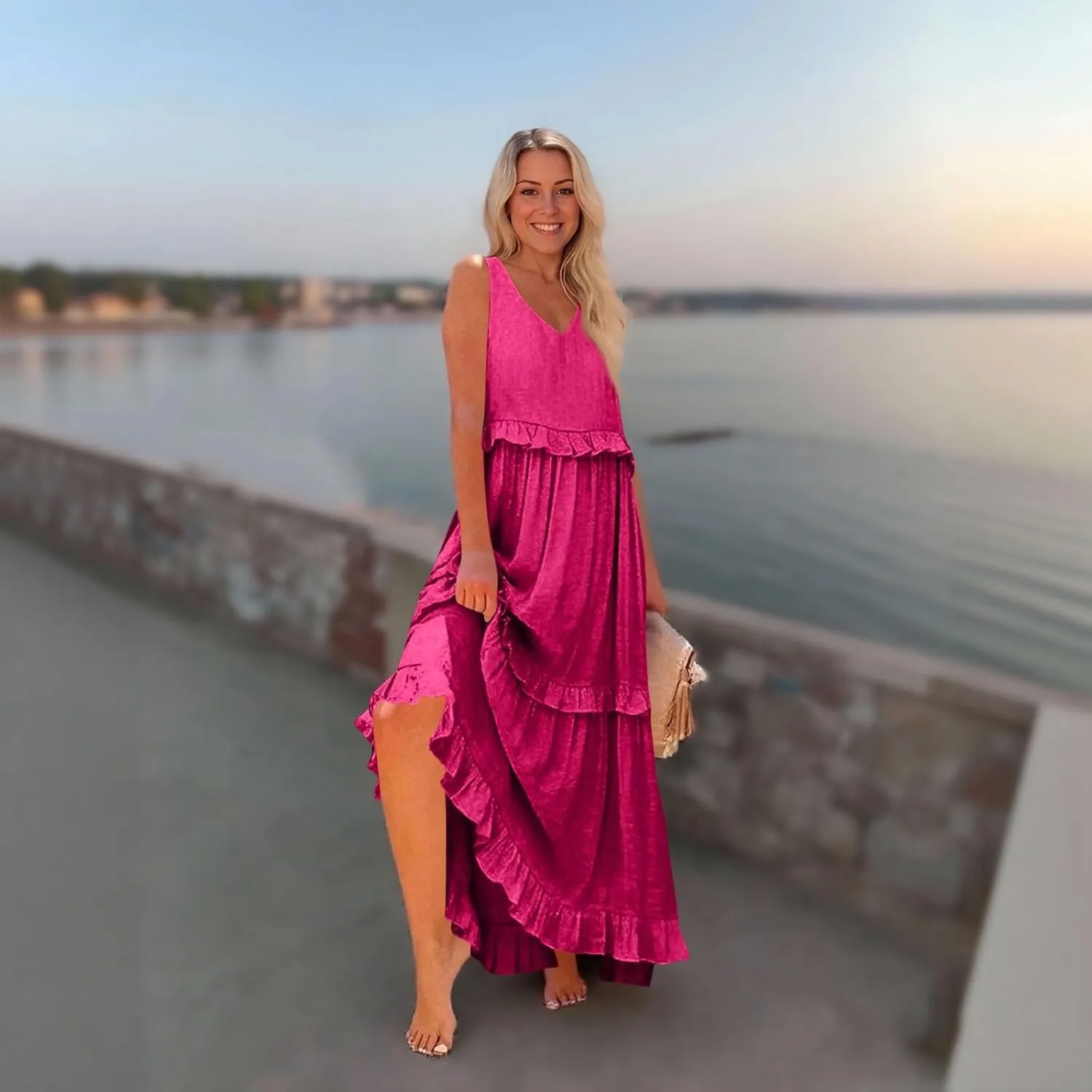 Wedding Guest Dresses for Women Summer V Neck Flowy Swing Maxi Dress Tiered Pleated Lined A Line Long Dress Pockets