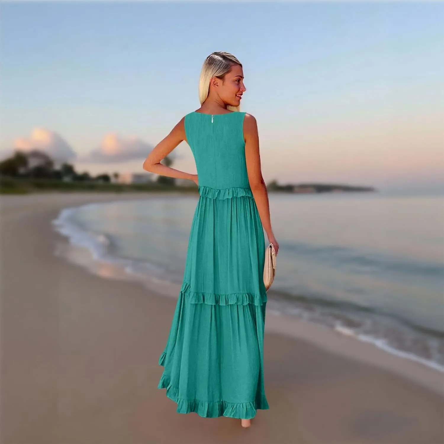 Wedding Guest Dresses for Women Summer V Neck Flowy Swing Maxi Dress Tiered Pleated Lined A Line Long Dress Pockets