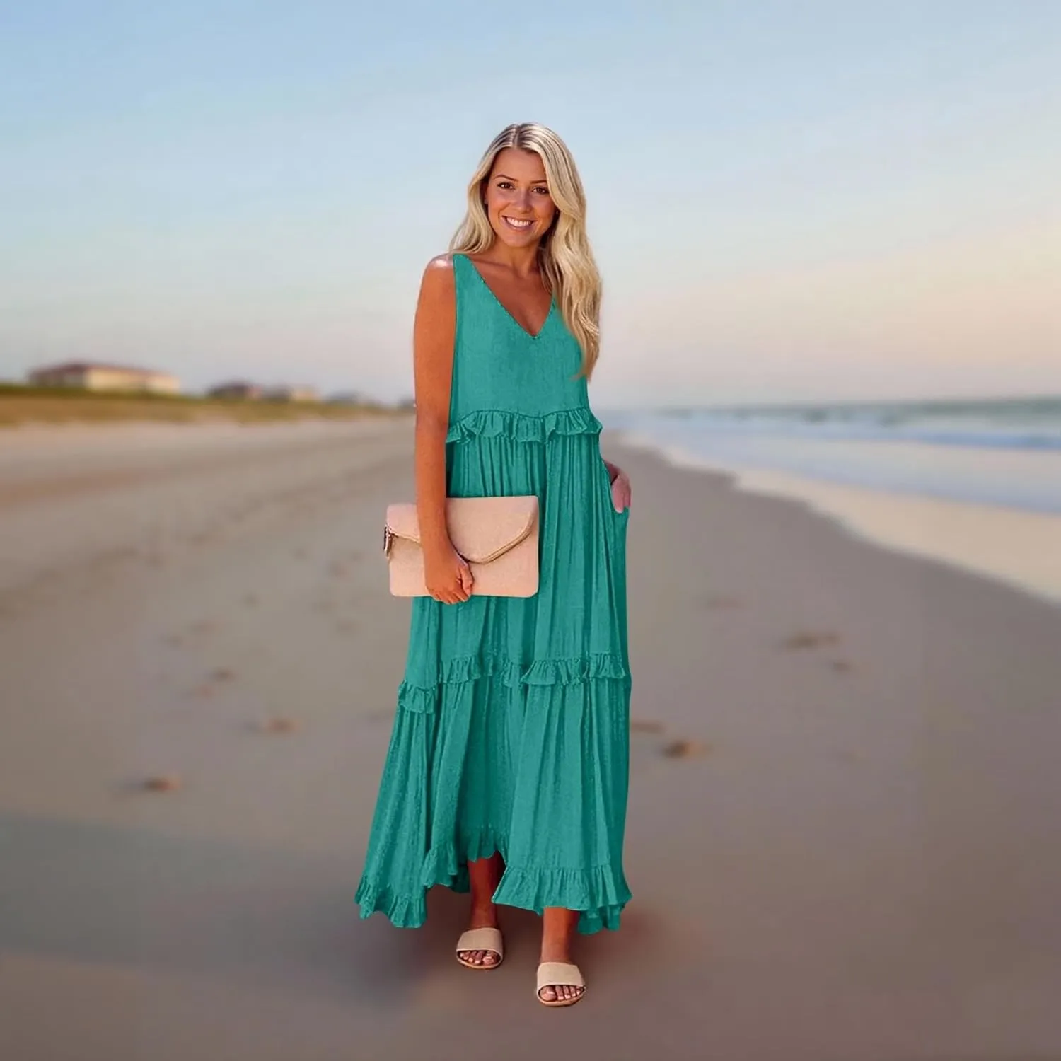 Wedding Guest Dresses for Women Summer V Neck Flowy Swing Maxi Dress Tiered Pleated Lined A Line Long Dress Pockets