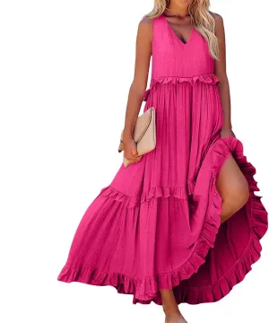 Wedding Guest Dresses for Women Summer V Neck Flowy Swing Maxi Dress Tiered Pleated Lined A Line Long Dress Pockets