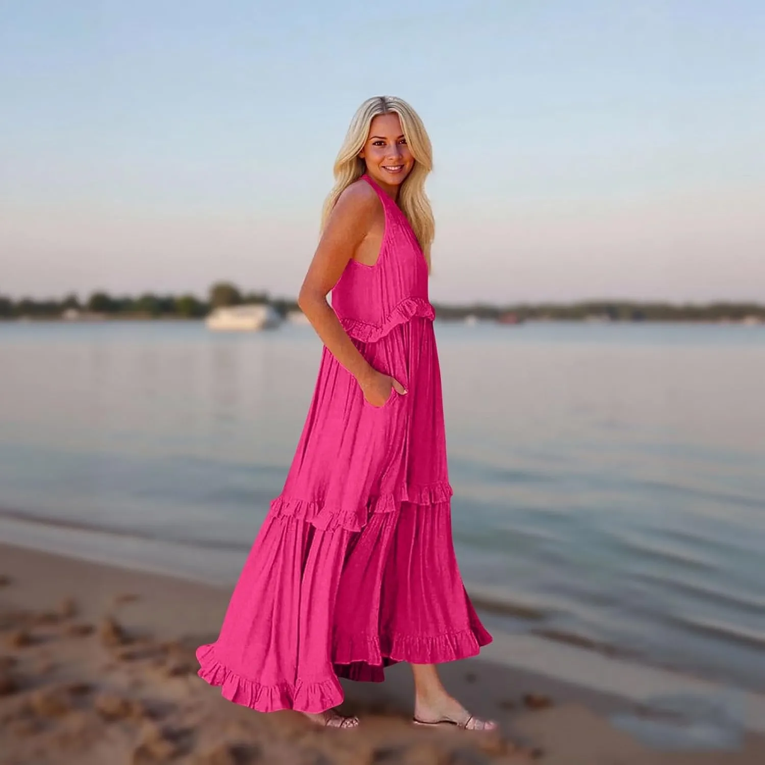 Wedding Guest Dresses for Women Summer V Neck Flowy Swing Maxi Dress Tiered Pleated Lined A Line Long Dress Pockets