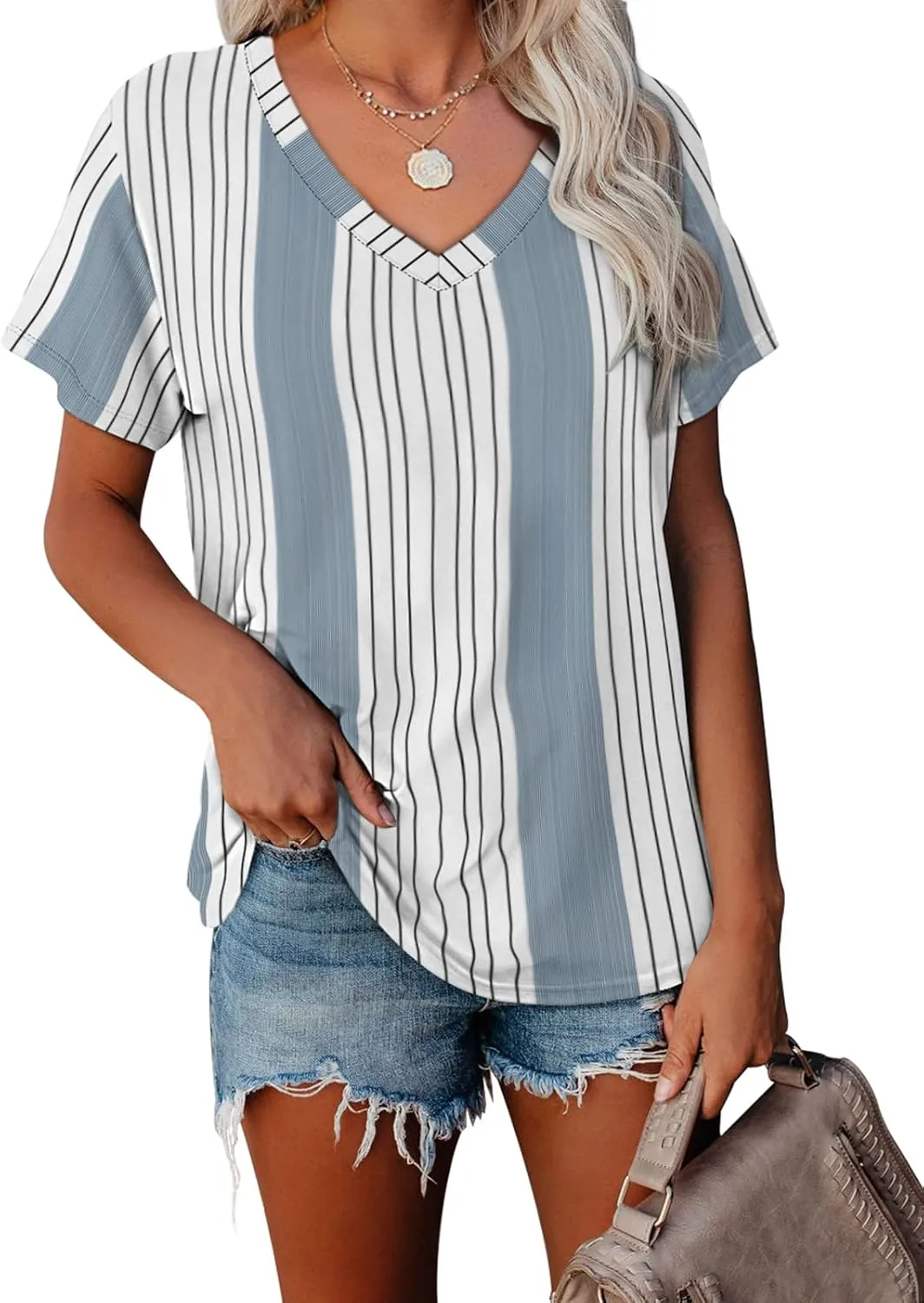 WEESO T Shirts for Women V Neck Summer Color Block Tops