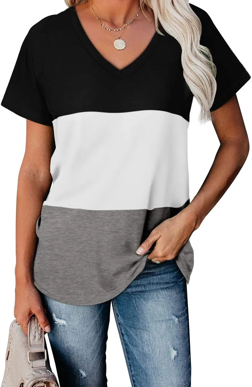 WEESO T Shirts for Women V Neck Summer Color Block Tops