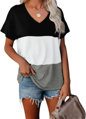 WEESO T Shirts for Women V Neck Summer Color Block Tops