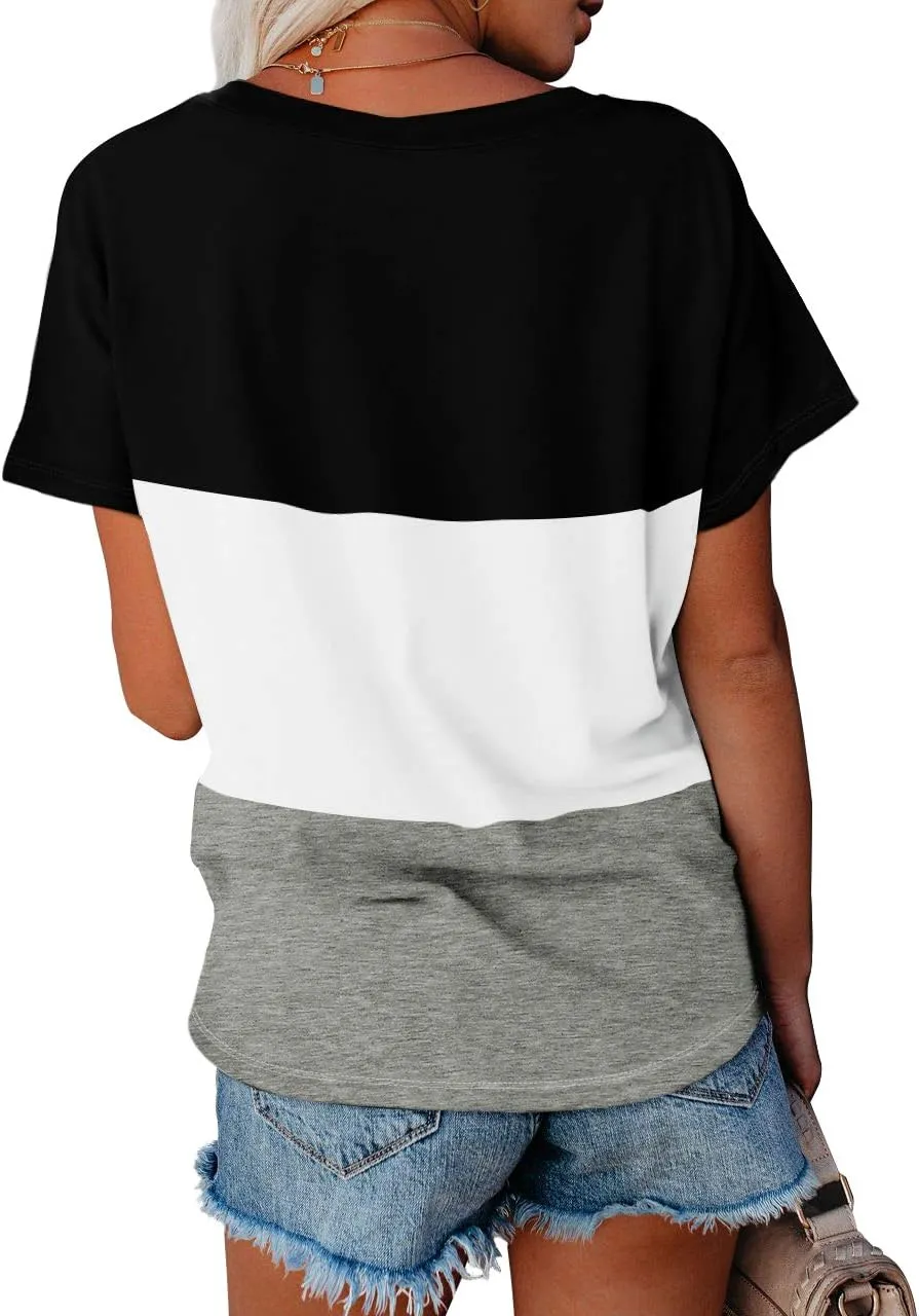 WEESO T Shirts for Women V Neck Summer Color Block Tops