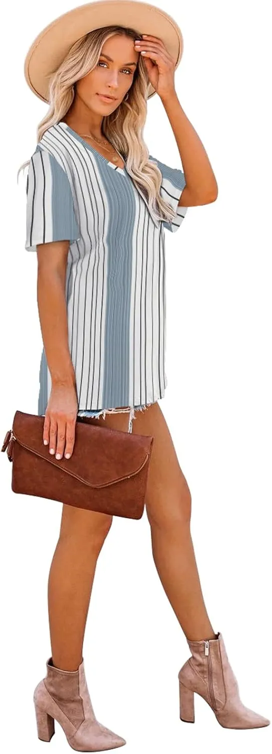 WEESO T Shirts for Women V Neck Summer Color Block Tops