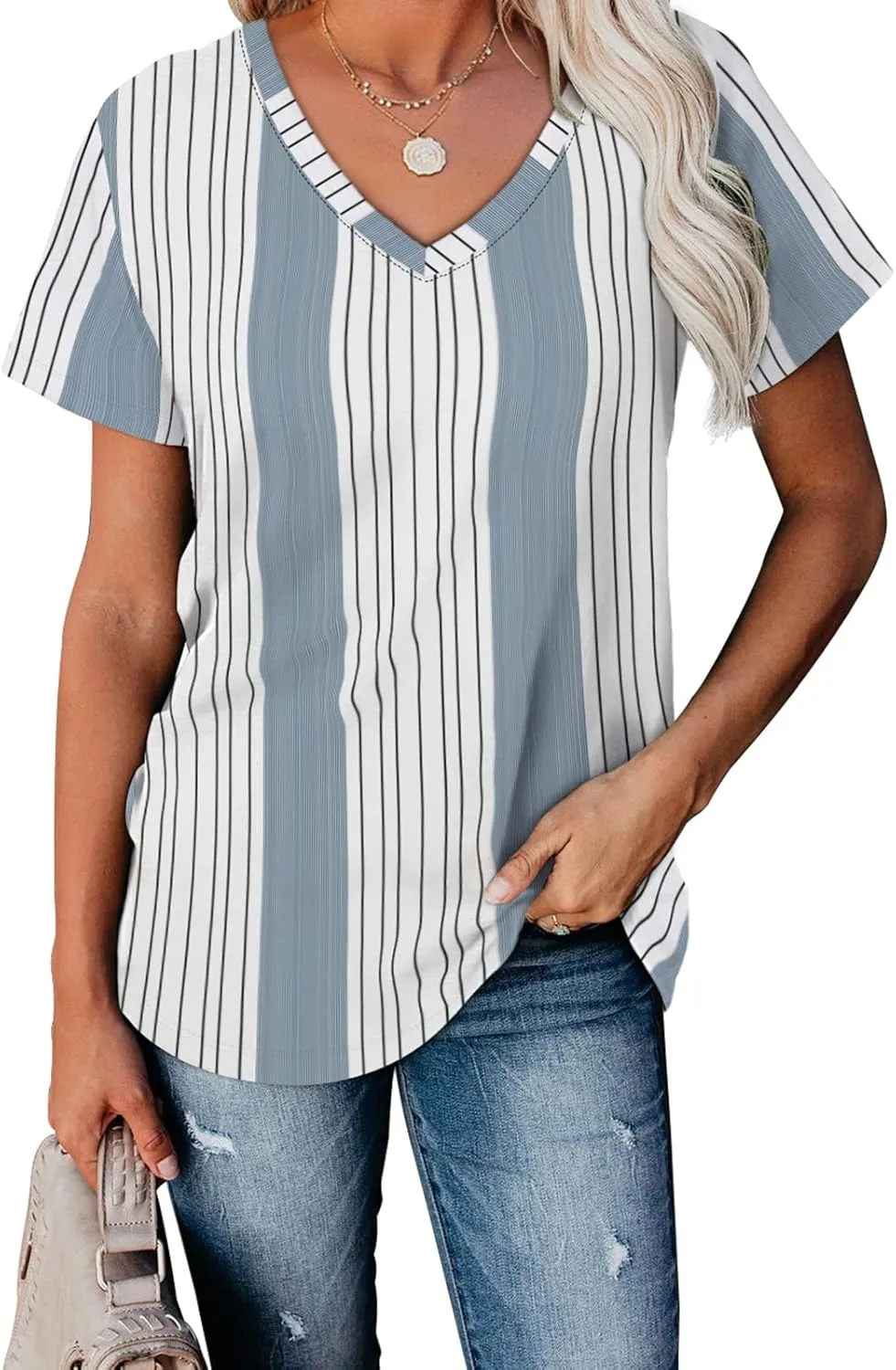 WEESO T Shirts for Women V Neck Summer Color Block Tops