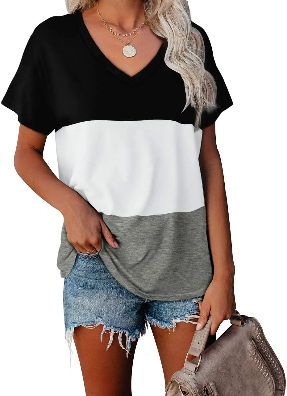 WEESO T Shirts for Women V Neck Summer Color Block Tops