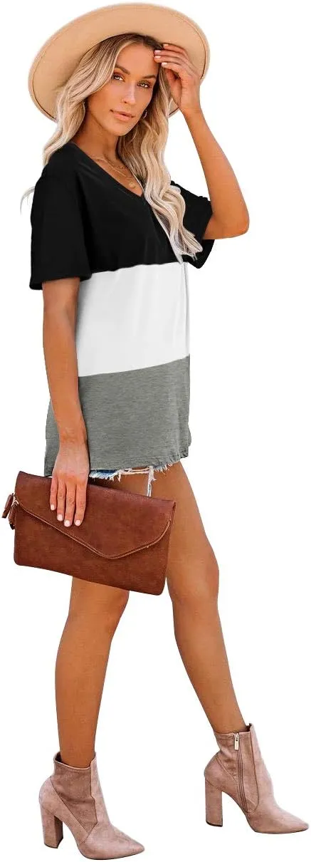 WEESO T Shirts for Women V Neck Summer Color Block Tops