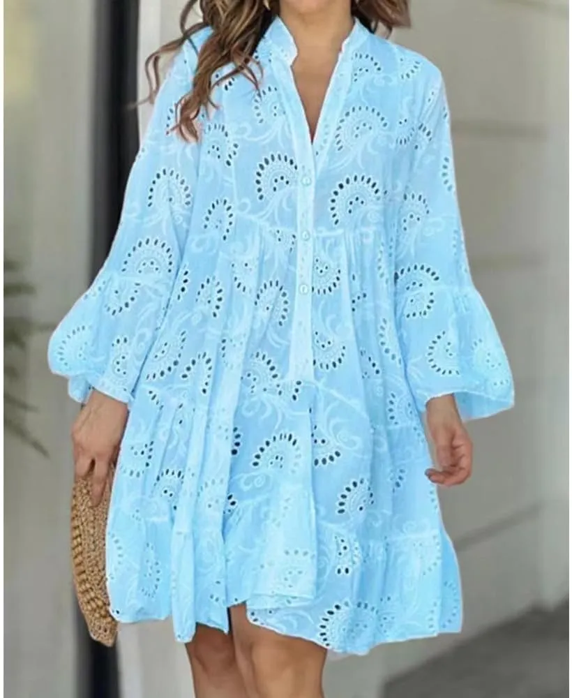 White Floral Dress for Women Hollow Out Lace Boho Solid V Neck Long Sleeve Button Down Midi Dress