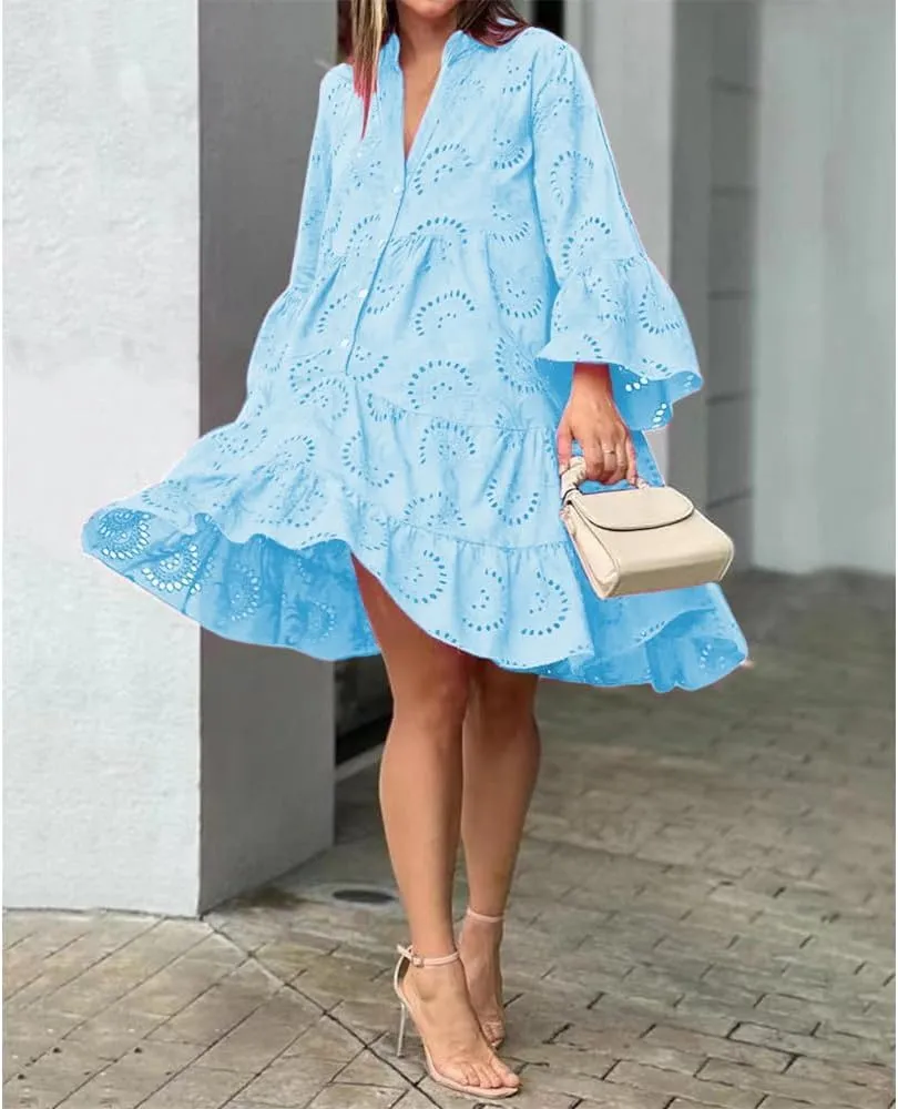 White Floral Dress for Women Hollow Out Lace Boho Solid V Neck Long Sleeve Button Down Midi Dress