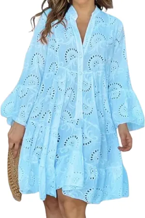 White Floral Dress for Women Hollow Out Lace Boho Solid V Neck Long Sleeve Button Down Midi Dress