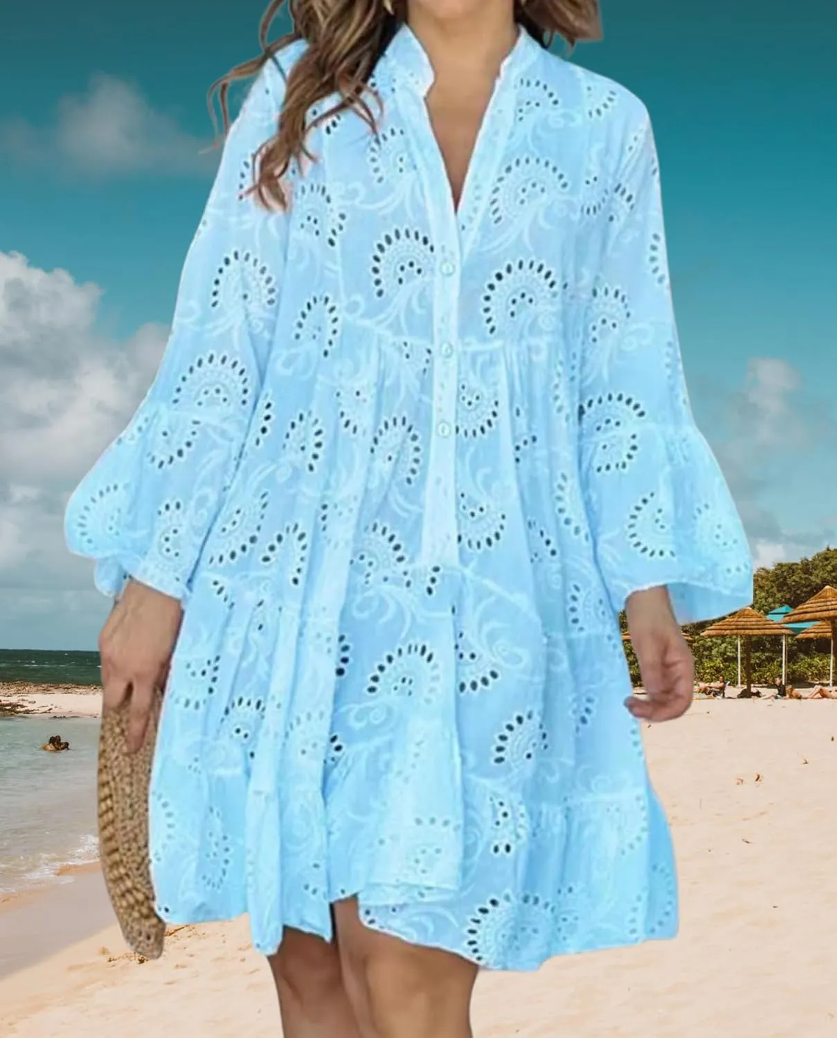 White Floral Dress for Women Hollow Out Lace Boho Solid V Neck Long Sleeve Button Down Midi Dress