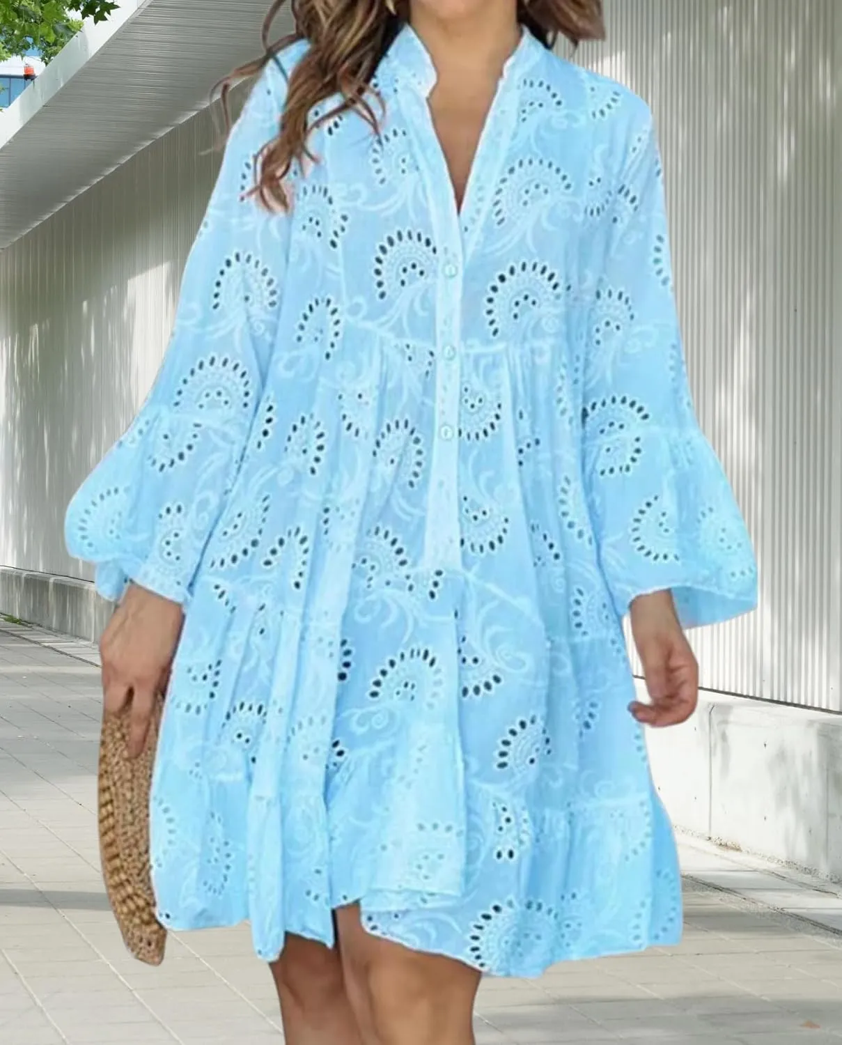 White Floral Dress for Women Hollow Out Lace Boho Solid V Neck Long Sleeve Button Down Midi Dress