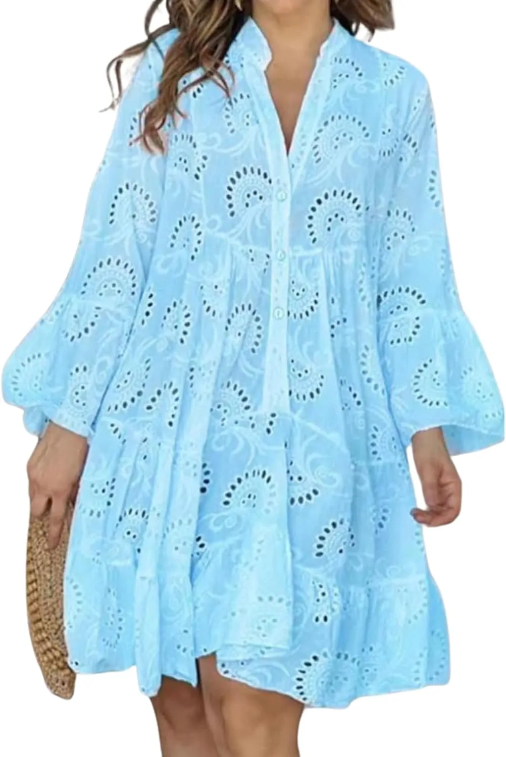 White Floral Dress for Women Hollow Out Lace Boho Solid V Neck Long Sleeve Button Down Midi Dress