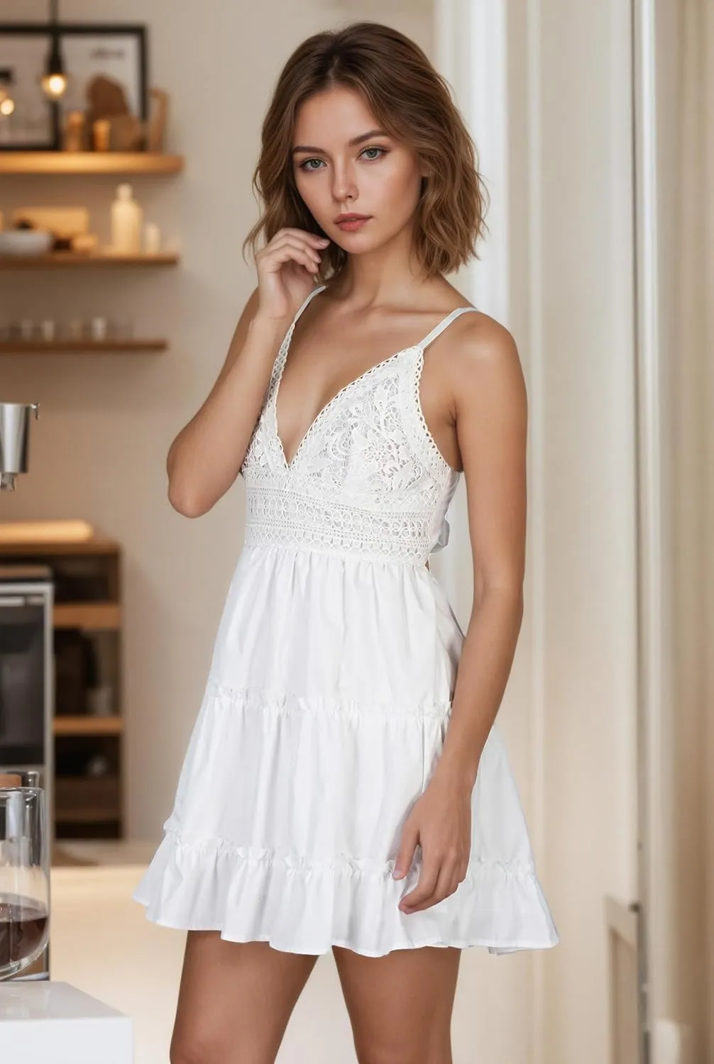 White Graduation Dress, V-Neck Backless Swing Lace Summer Dresses for Women 2025 with Spaghetti Strap and Bowknot