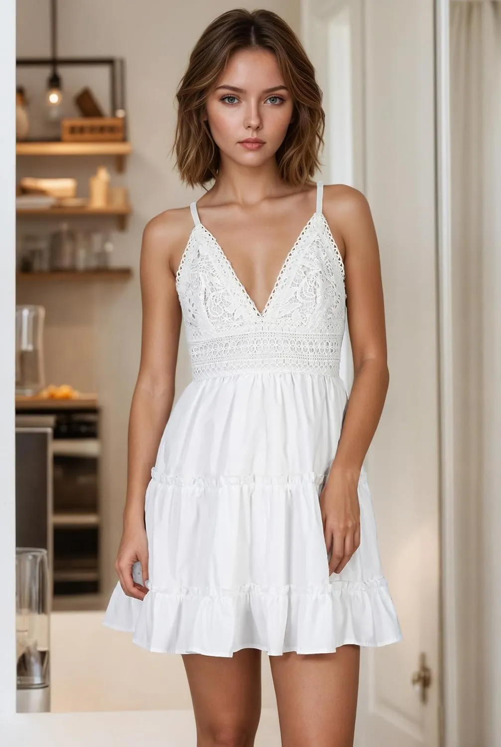 White Graduation Dress, V-Neck Backless Swing Lace Summer Dresses for Women 2025 with Spaghetti Strap and Bowknot