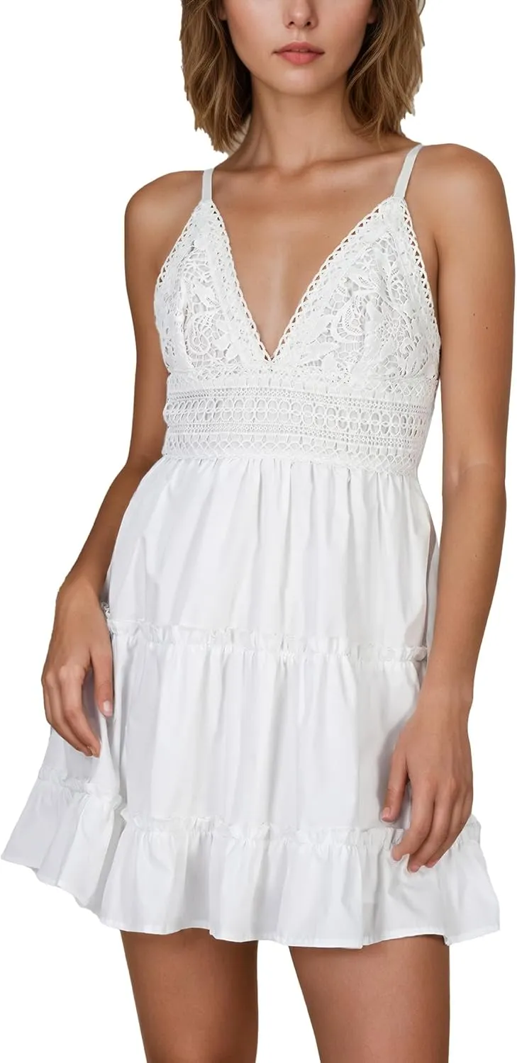 White Graduation Dress, V-Neck Backless Swing Lace Summer Dresses for Women 2025 with Spaghetti Strap and Bowknot