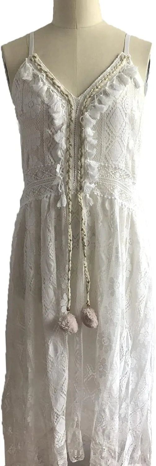 White Summer Dresses for Women Boho Lace V-Neck Maxi Ruffle Dress Slip Tassel Crotchet Clothes Beach