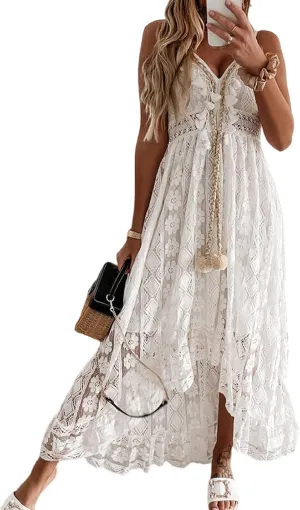 White Summer Dresses for Women Boho Lace V-Neck Maxi Ruffle Dress Slip Tassel Crotchet Clothes Beach