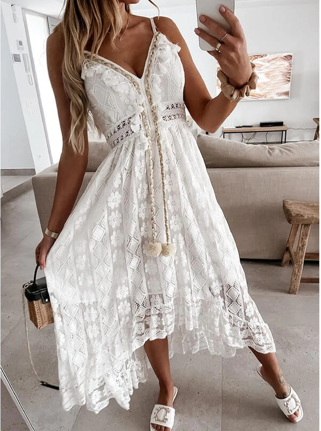 White Summer Dresses for Women Boho Lace V-Neck Maxi Ruffle Dress Slip Tassel Crotchet Clothes Beach