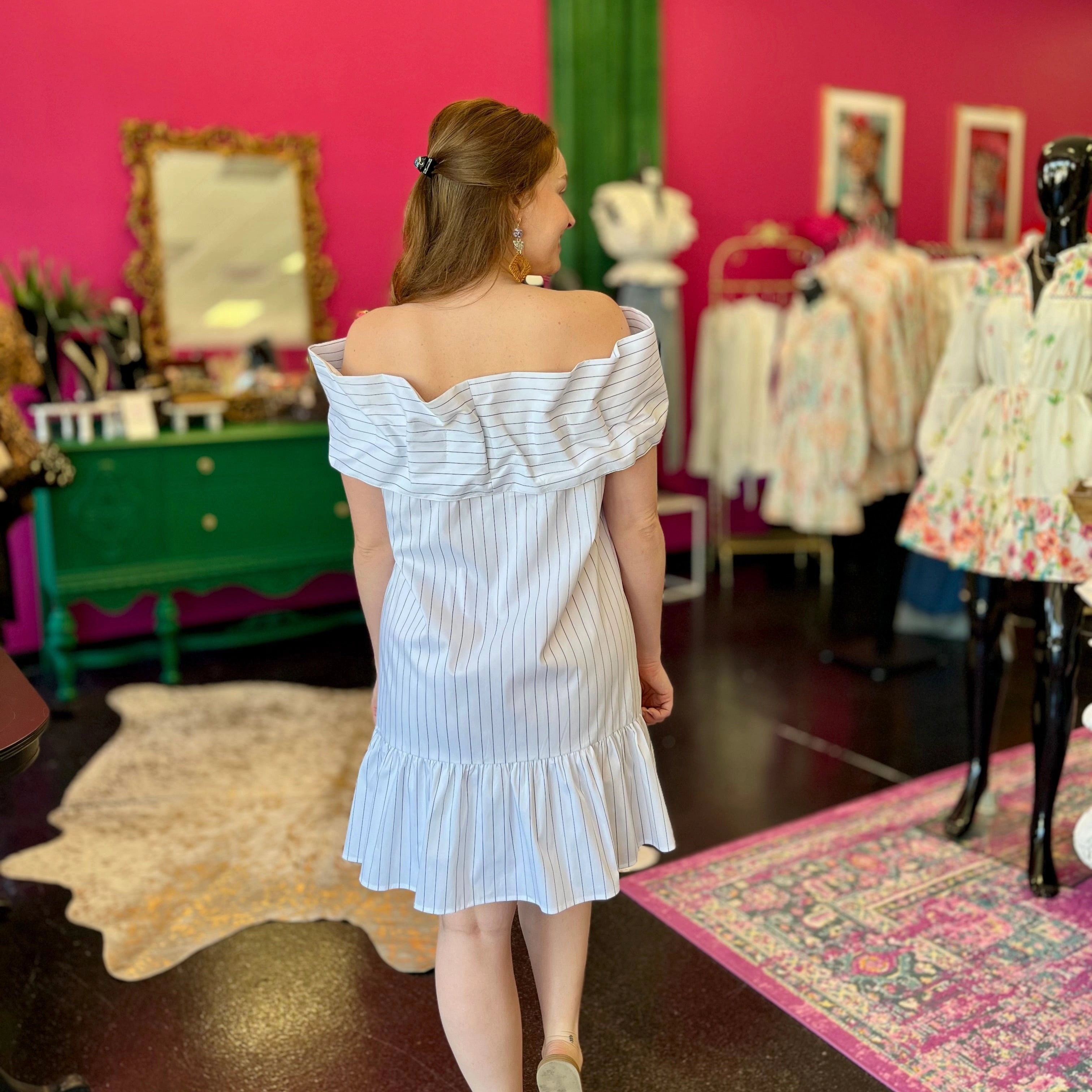 White Pinstriped Big Bow Dress