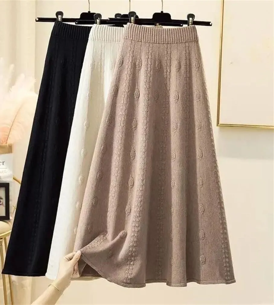 Winter Woolen Skirts Medium-Length High-Waisted Knit Skirt for Women Spring Sweater A-Line Umbrella Skirt
