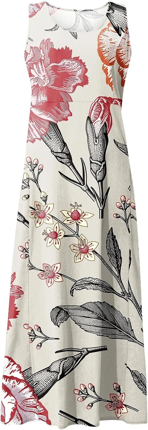 Women 2024 Summer Tank Dress Sleeveless U Neck Printed/Solid Boho Beach Shirt Maxi Flowy Linen Cotton Dresses with Pocket