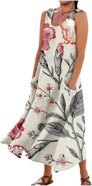 Women 2024 Summer Tank Dress Sleeveless U Neck Printed/Solid Boho Beach Shirt Maxi Flowy Linen Cotton Dresses with Pocket