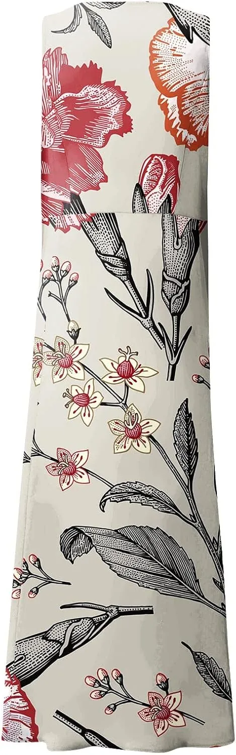 Women 2024 Summer Tank Dress Sleeveless U Neck Printed/Solid Boho Beach Shirt Maxi Flowy Linen Cotton Dresses with Pocket