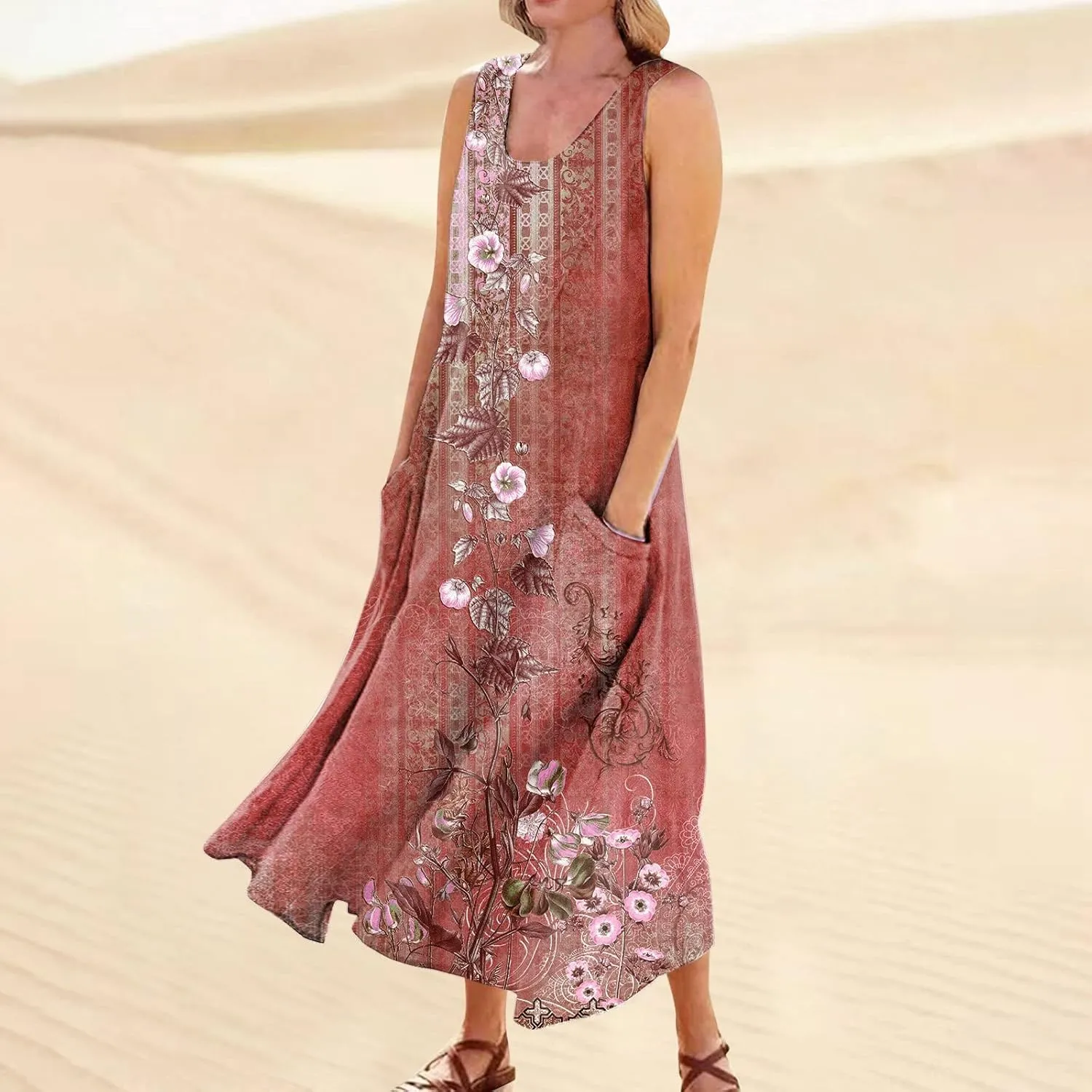 Women 2024 Summer Tank Dress Sleeveless U Neck Printed/Solid Boho Beach Shirt Maxi Flowy Linen Cotton Dresses with Pocket